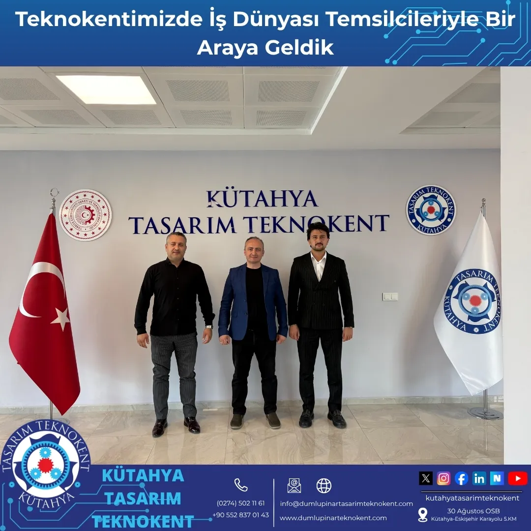 Önceki dönem Kütahya Kızılay Başkanı ve iş insanı Talha TEKİN ile iş insanı Batuhan GÜMÜŞ, Teknokentimizi ziyaret ederek Genel Müdürümüz Doç. Dr. Durmuş ÖZDEMİR ile bir araya geldiler.